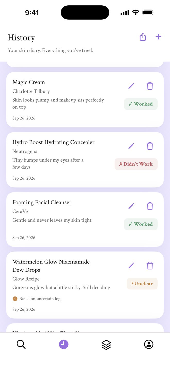 History of logged products and reactions